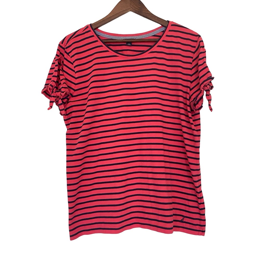 Nautica Striped Womens T-Shirt XXL Red Navy Blue Cotton Tie Sleeve Crew Neck